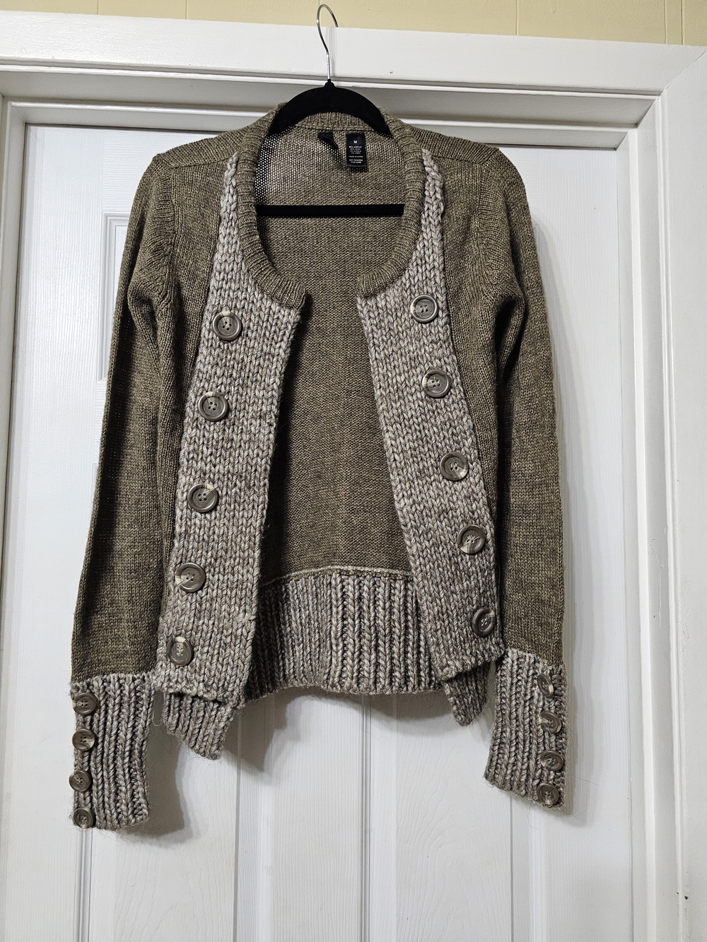 BKE Taupe and Cream Button-Trim Knit Cardigan